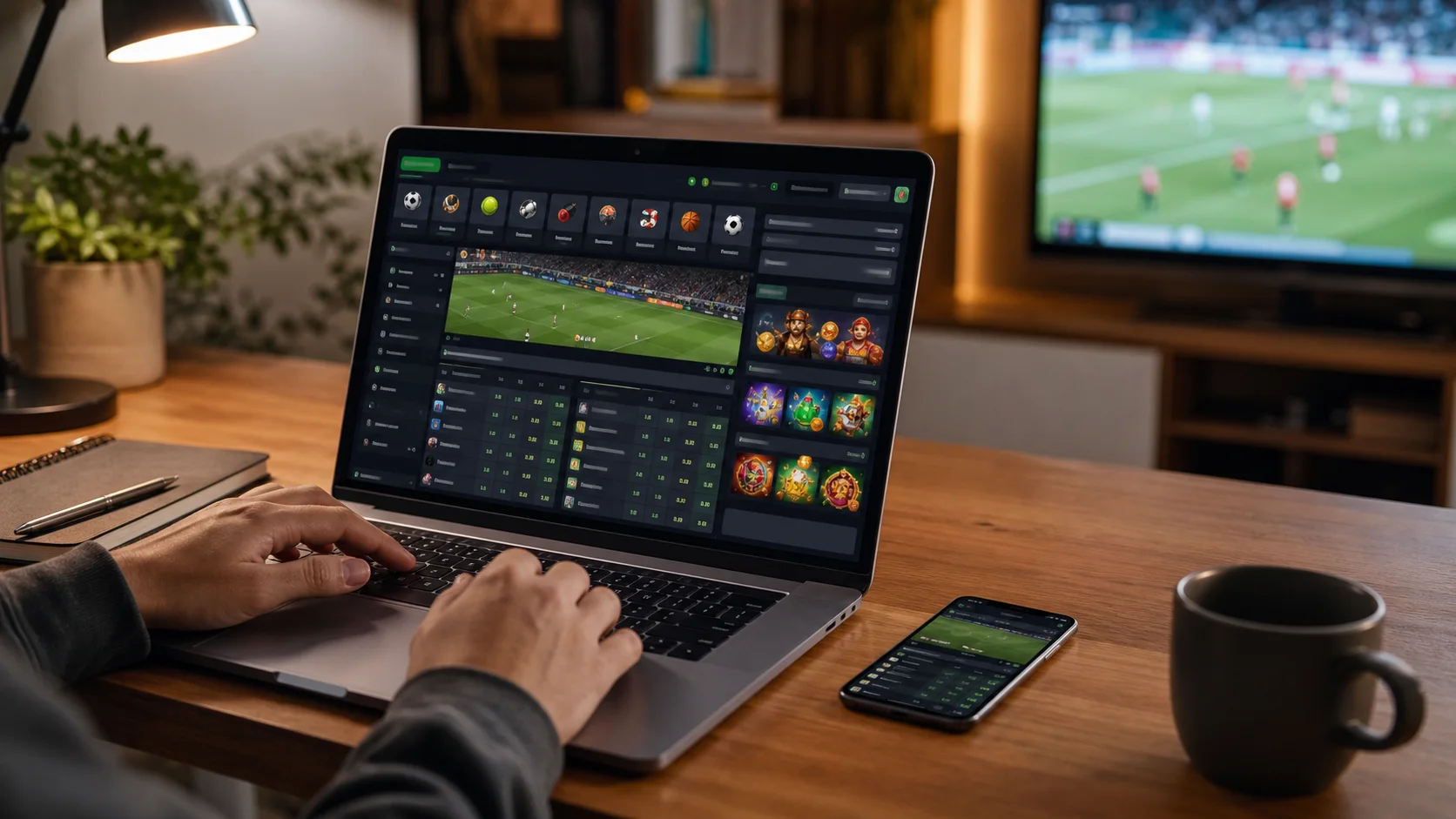 Plataforma bitcasino em notebook e celular com apostas esportivas e cassino online